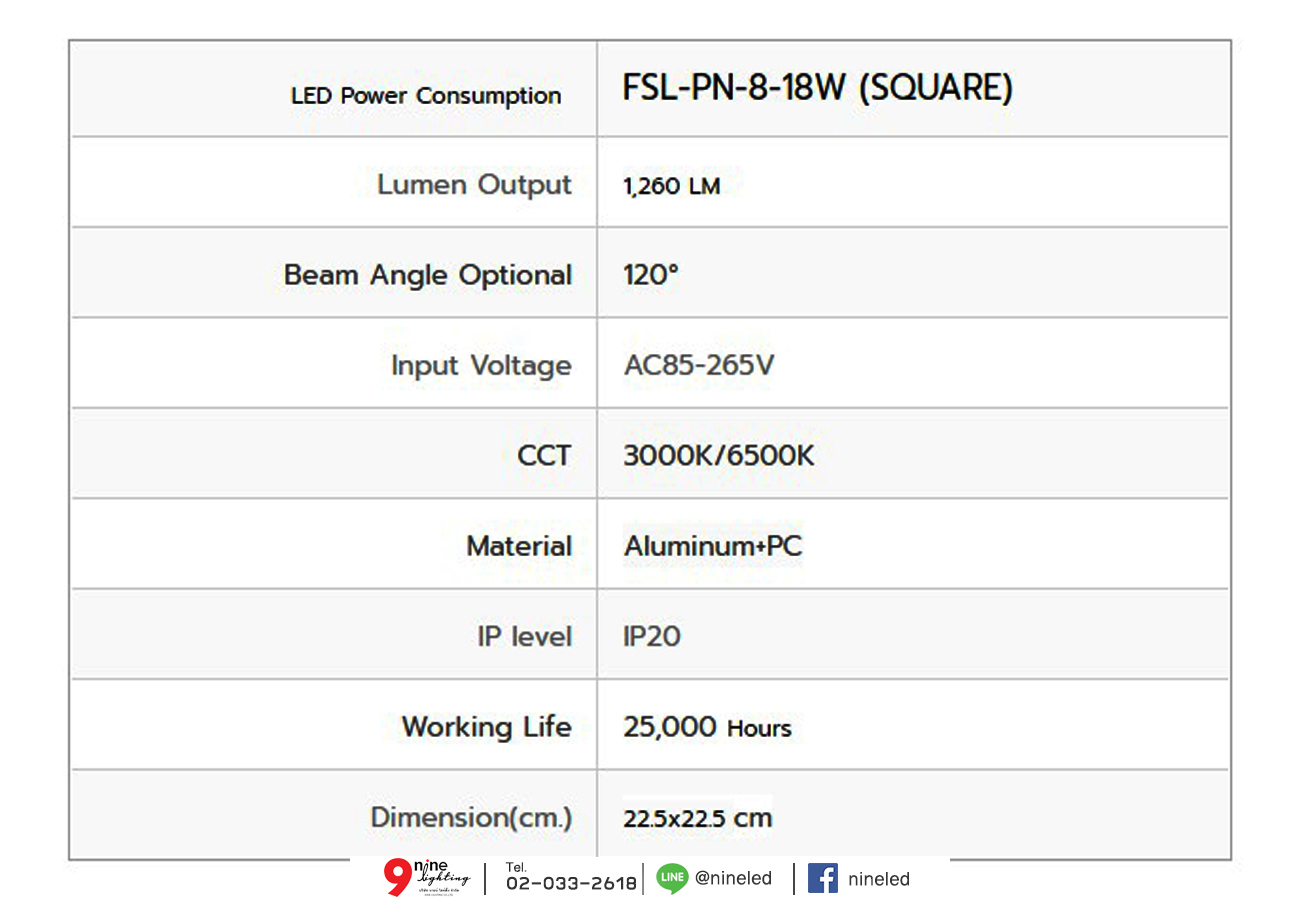 ดาวน์ไลท์ LED 18W หน้าเหลี่ยม (วอร์มไวท์) FSL